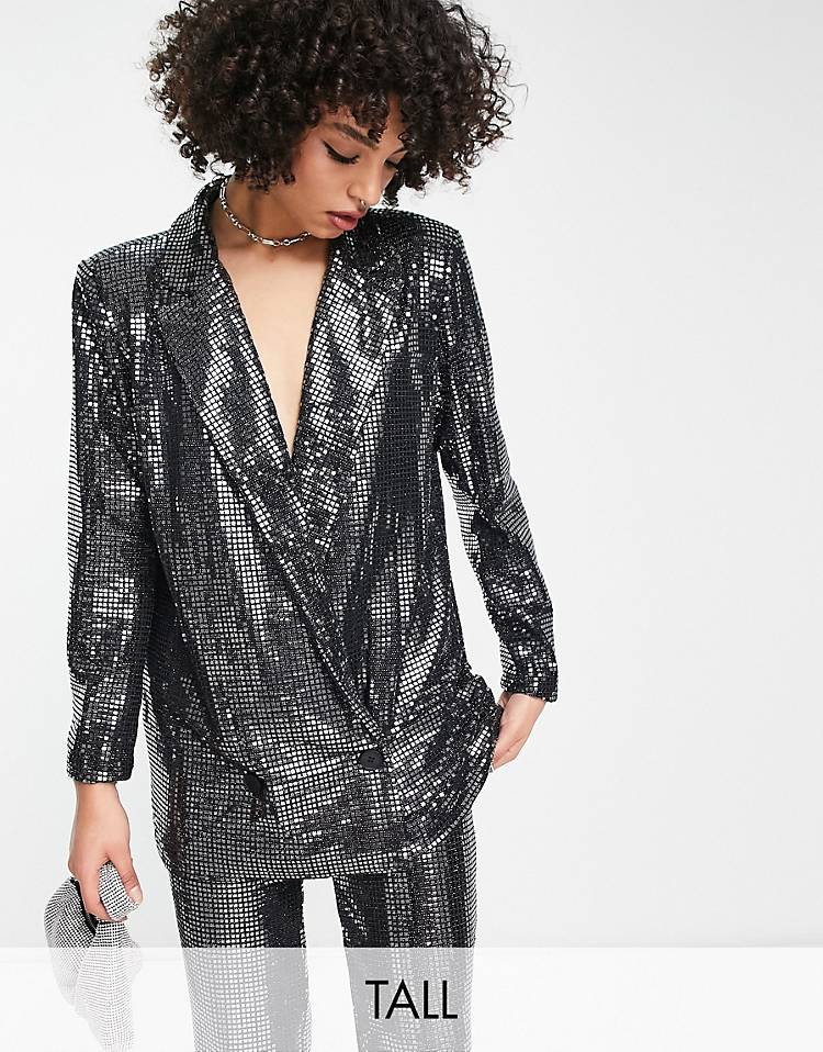 4th & Reckless Tall sequin tailored blazer and pant set in silver